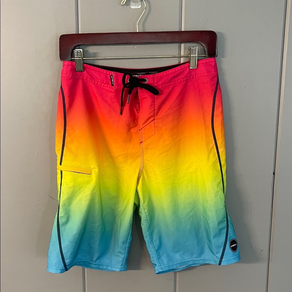 O’Neill Board Shorts Swim Surf Trunk Ombre Rainbow Striped Red Yellow Green Blue